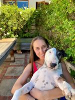 The image shows a person sitting outside, holding a black and white dog in their arms. The person is seated on a brick patio, with a wooden deck to the left and lush green foliage in the background. They are smiling and wearing a red top. The dog has a white coat with black spots and patches, and its ears are alert. Sunlight casts natural shadows.