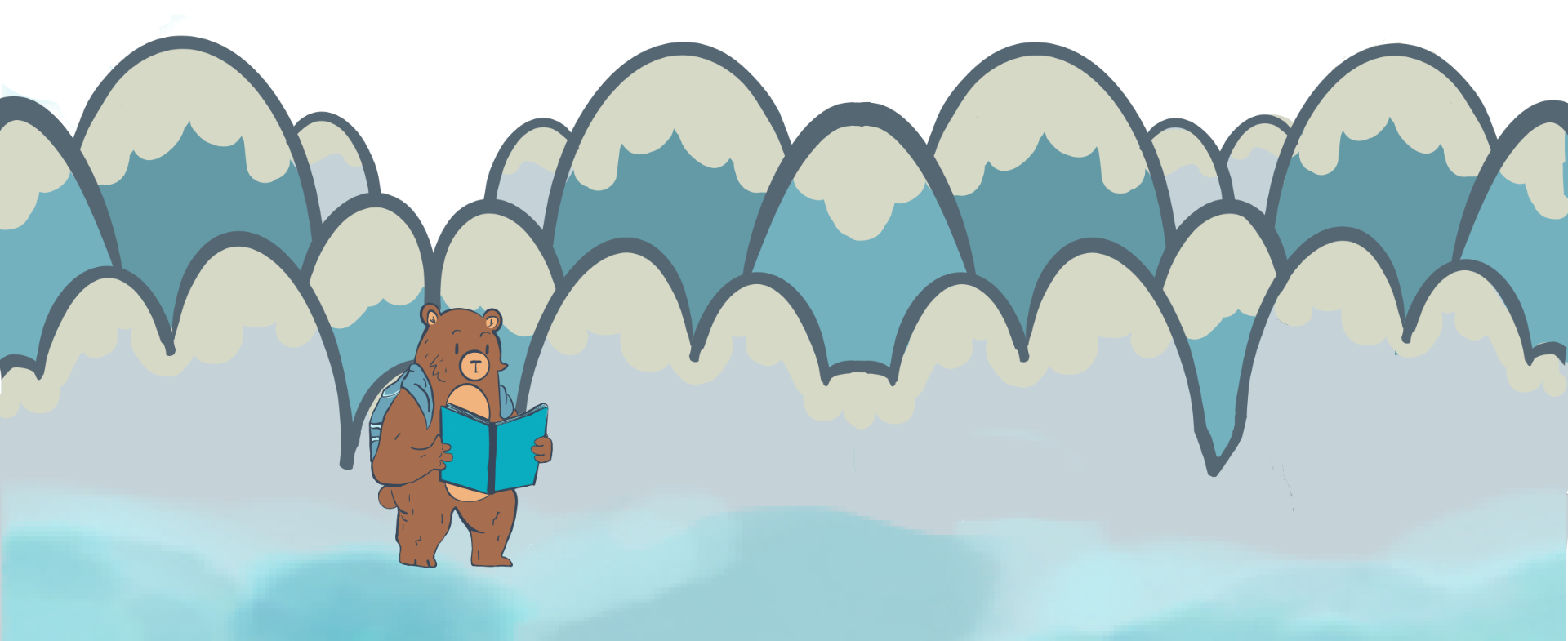 A cartoon bear with a backpack reads a book while standing against a backdrop of stylized, cloud-like moutains